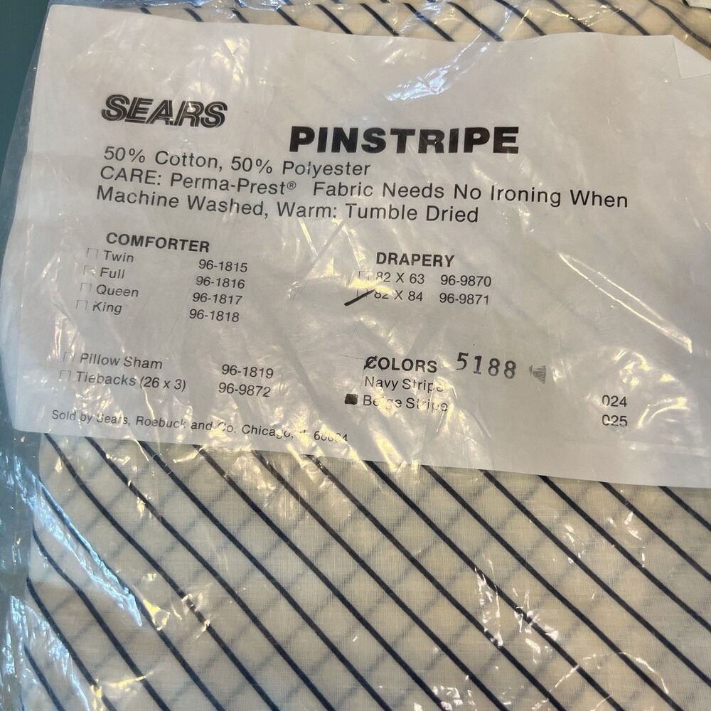 Vintage Sealed New Sears pinstripe white blue 82x84 drapes curtain fabric Sears